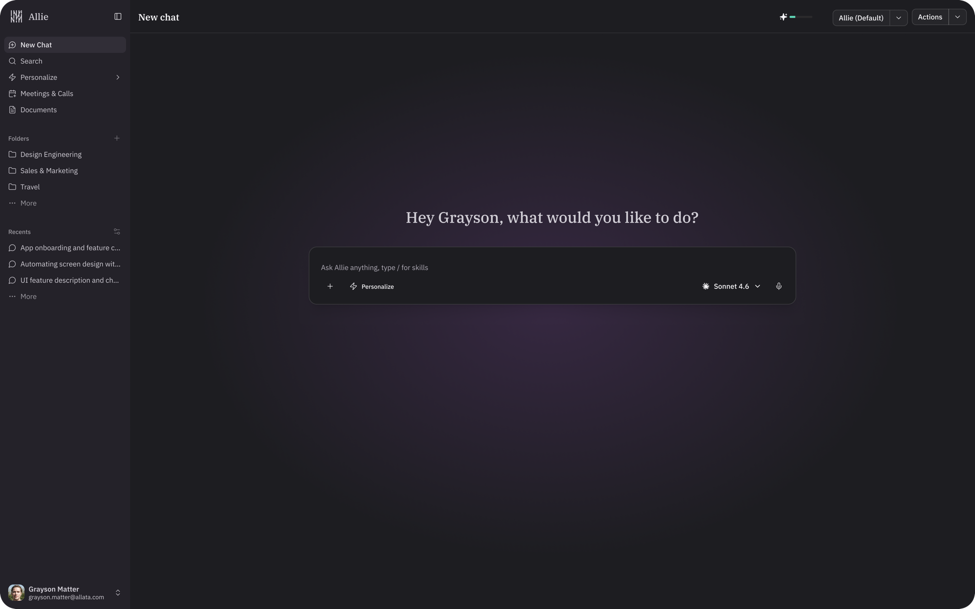 Allie interface in dark mode