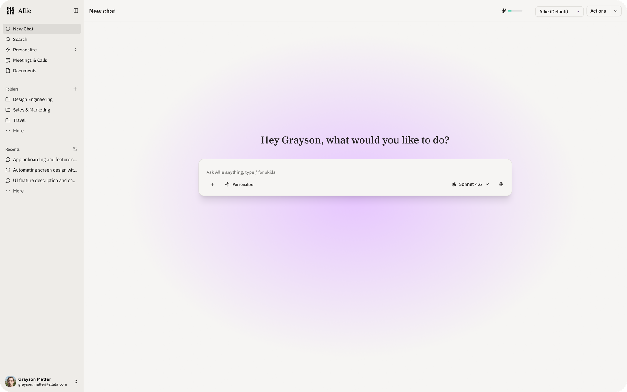 Allie interface in light mode